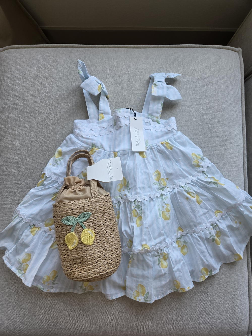 RACHEL ZOE Toddler Girls Lemon Print Dress With Rickrack Trim And Hangbag 2T